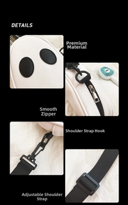 Detail view of the white PU leather texture, smooth zipper, and adjustable black strap