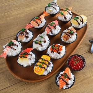 Detailed collection of 13 lifelike sushi models on a wooden tray for decoration