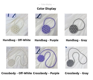 Color display of handmade acrylic beaded crossbody bags in white, purple and grey