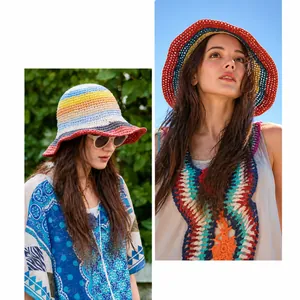 Rainbow striped crochet sun hat with bohemian design for beach outings and sun protection