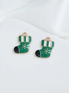 Pair of green enamel Christmas stocking charms with golden snowflake for DIY jewelry making