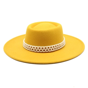 Elegant yellow wool felt wide brim fedora hat featuring triple pearl beaded band