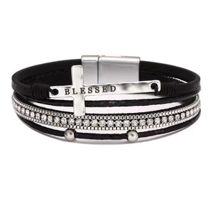 Bohemian multilayer leather bracelet featuring a metal cross with Blessed engraving