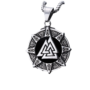 Silver stainless steel Valknut pendant necklace with Viking runes and box chain