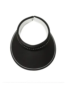 Top view of black wide-brim sun visor with white logo and internal sweatband