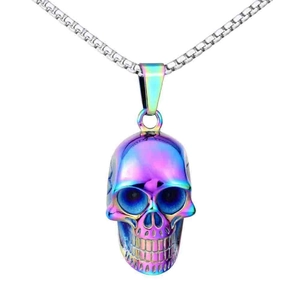 Rainbow skull pendant necklace in stainless steel with a silver box chain
