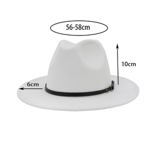 White wool fedora hat with black leather band, 10cm high crown and 6cm wide brim design