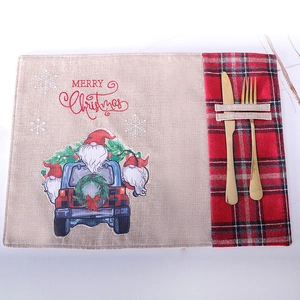 Merry Christmas linen table mat with red black plaid pocket and golden cutlery
