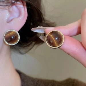 Detailed macro shot of 18k gold plated round tiger eye stone stud earrings for women