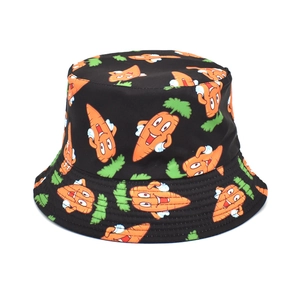Fashionable black cotton bucket hat featuring colorful cartoon carrot prints for outdoors