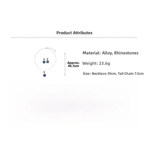 Detailed jewelry specs for oval rhinestone necklace and earrings set with sizing