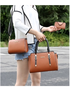 Brown three-piece handbag set featuring tote, crossbody bag, and pouch in lychee texture