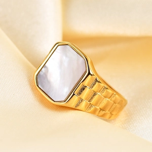 Irregular 15mm square mother of pearl stainless steel ring with golden watch chain band