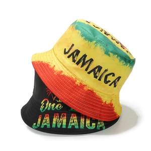 Jamaica style tie-dye and black bucket hats with palm tree prints for summer streetwear