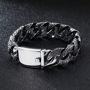 Bracciale da uomo in acciaio inossidabile argento con maglie a catena incise e lucide
