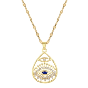 Titanium steel waterdrop evil eye necklace with blue zircon and gold plating