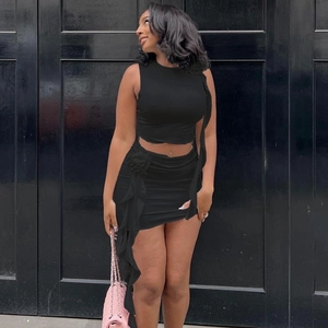 Sleeveless crop top and ruffled mini skirt two-piece fashion set in elegant black
