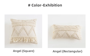 Detail of cream tufted boho pillowcases with handmade tassels in square and rectangle shapes