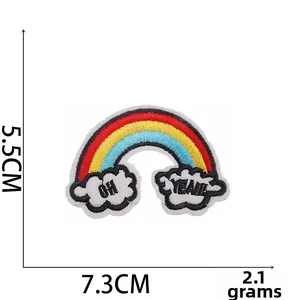 Detail view of a rainbow embroidery patch with OH YEAH text and 7.3cm width measurement