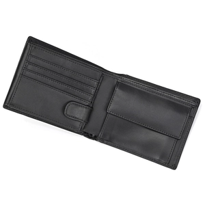 Detailed interior of a black leather trifold wallet with multiple card slots and a coin pocket