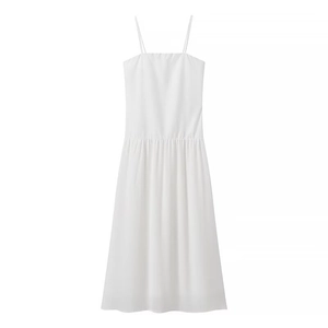Elegant white spaghetti strap maxi dress with pleated waist and A-line silhouette