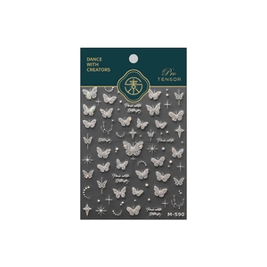 Holographic butterfly nail stickers M-590 with laser silver finish on white background