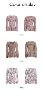 Three color variants of V-neck floral puff sleeve tops in pink, khaki, and white finish
