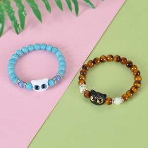 Luminous bead cat bracelet with tiger eye natural stones and cute resin cat charms