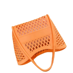 Orange hollow grid silicone beach tote bag for picnic and shopping storage