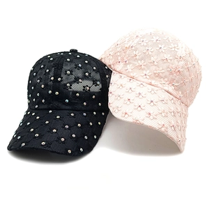 Women's lace floral baseball cap with rhinestones in black and pink for sun protection