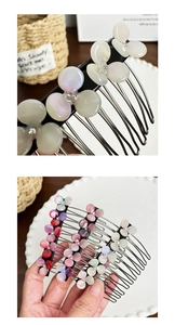 Macro shot of rhinestone-encrusted acetate flower hair combs with durable metal teeth