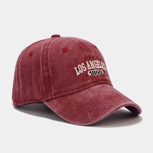 Vintage washed red cotton baseball cap with Los Angeles 1850 embroidery and retro style
