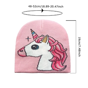 Pink knit unicorn beanie for kids with rainbow mane, 19cm height, 48-52cm head circumference
