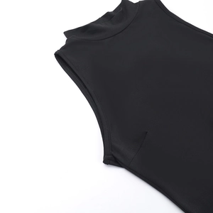 Detail of elegant black high-neck sleeveless dress showing smooth fabric and stitching