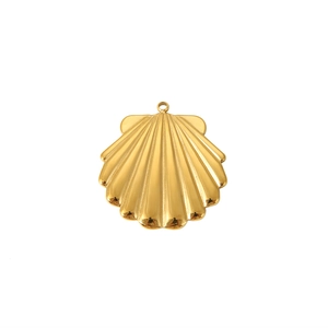 Polished gold shell-shaped stainless steel pendant on a minimalist white background