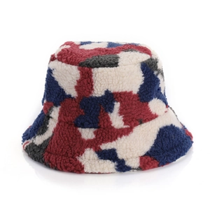 Winter warm sherpa camo bucket hat in red and blue patchwork pattern on white background