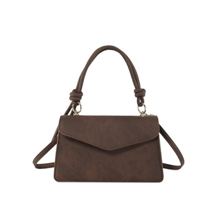 Minimalist dark brown PU leather handbag with V-shaped flap and decorative knot handle