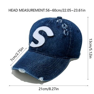 Detaillierte Größentabelle für Jeans-Baseballcap mit weißem S-Buchstaben-Stickerei