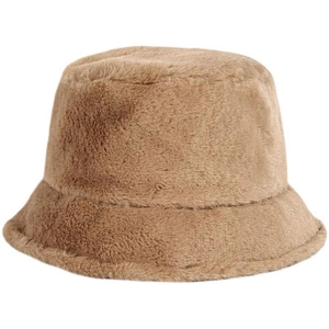 Winter brown faux fur bucket hat with warm plush texture for a minimalist stylish look