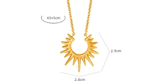 Detailed size measurement of a gold sunburst pendant necklace with dimension markings