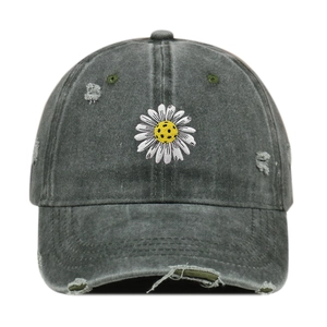 Front view of a grey distressed washed baseball cap with detailed daisy embroidery