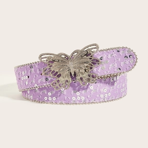 Ceinture en denim lilas avec paillettes, texture vieillie et boucle papillon argentée