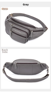 Front and back views of grey genuine leather fanny pack with multi-compartment design