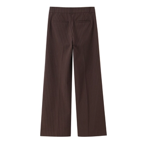 Back view of brown striped wide-leg trousers with two decorative rear pockets