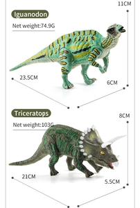 Detailed size specifications for Iguanodon and Triceratops dinosaur action figure toys
