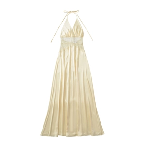 Robe Maxi Licou Sexy Femmes Satin Dentelle Patchwork Dos Nu Col V Ajustée Fête Élégante Nuisette