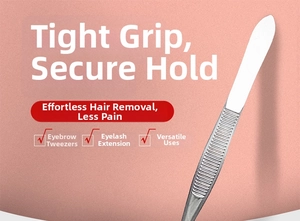 Detail view of silver stainless steel eyelash tweezers with anti-slip grip and slanted tip