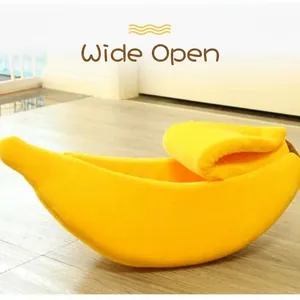 Panier chaud pour chat et petit chien en forme de banane en peluche douce jaune