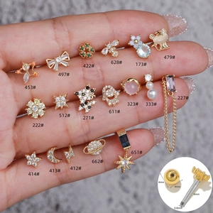 18K gold plated stainless steel stud earrings set with zircon and pearls for cartilage