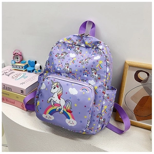 Detailed view of the purple unicorn backpack featuring cartoon rainbow and star patterns